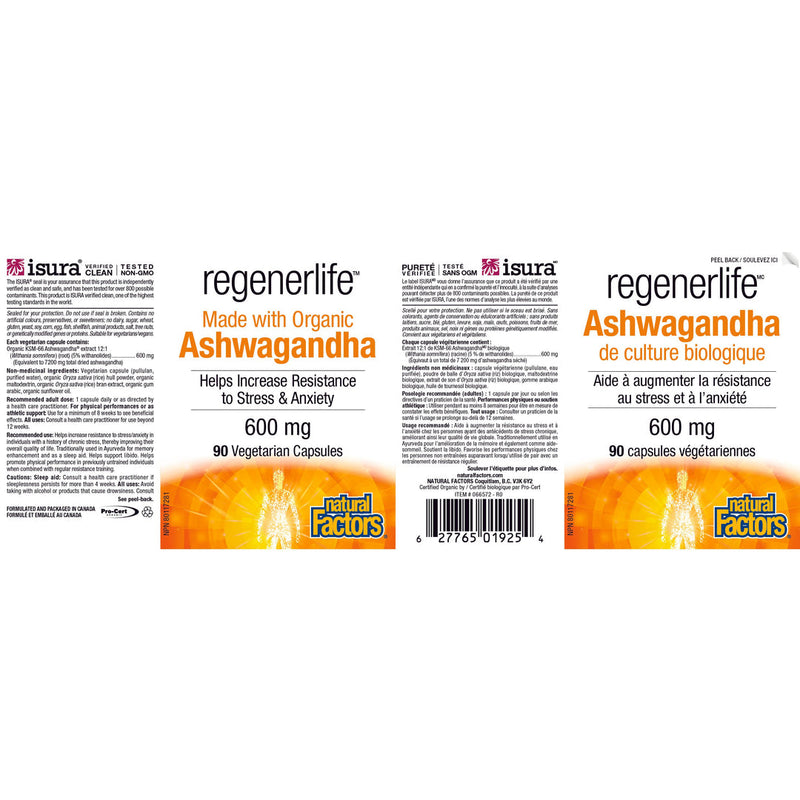 Natural Factors Regenerlife Ashwagandha 600mg 90 vcaps