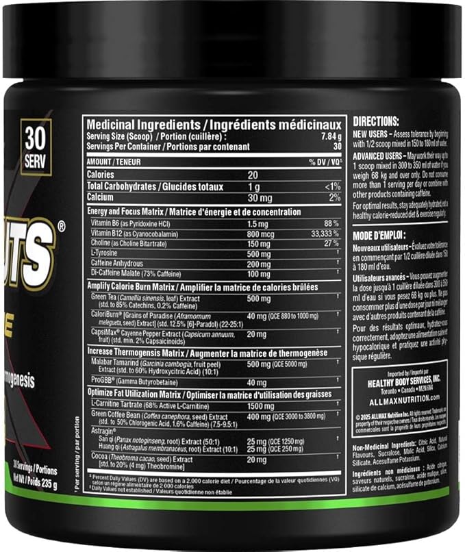 ALLMAX Nutrition Rapidcuts Xtreme Thermogenic Energy & Focus Powder Lean Lemon Lime 30 Servings 235g
