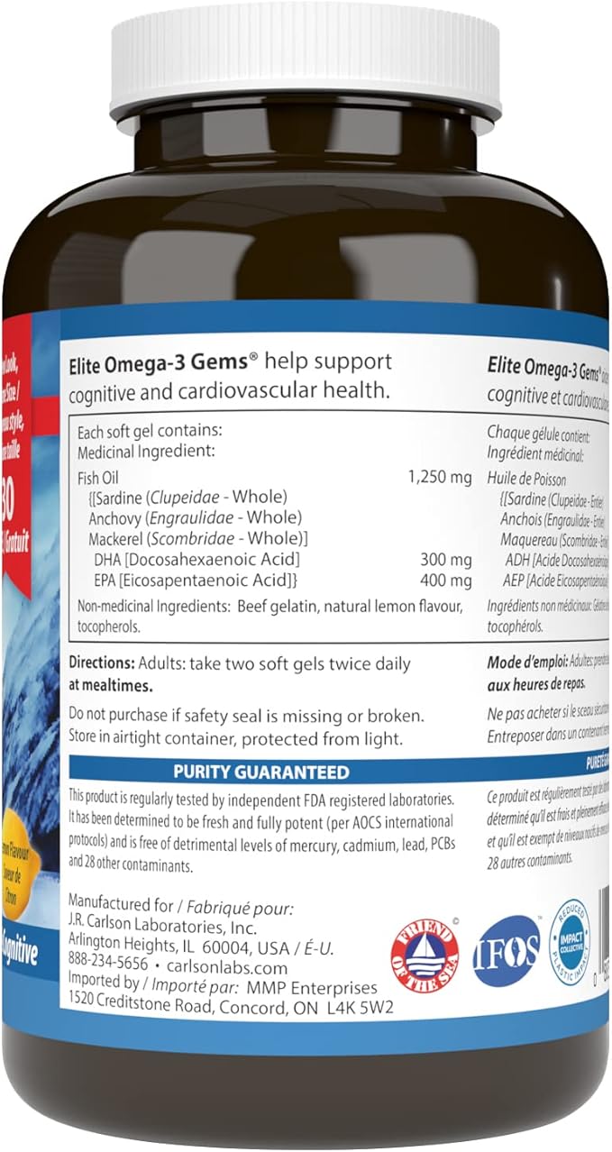 Carlson Elite Omega-3 Gems 3200 mg Omega 3 Fish Oil Capsules Lemon 120 Softgels