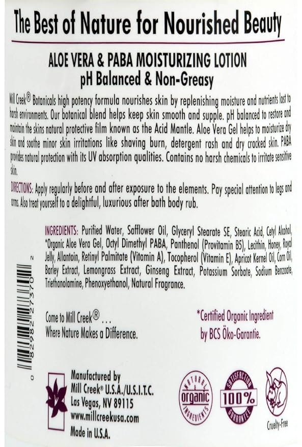 Mill Creek Botanicals Moisturizing Lotion Aloe Vera & Paba 2L