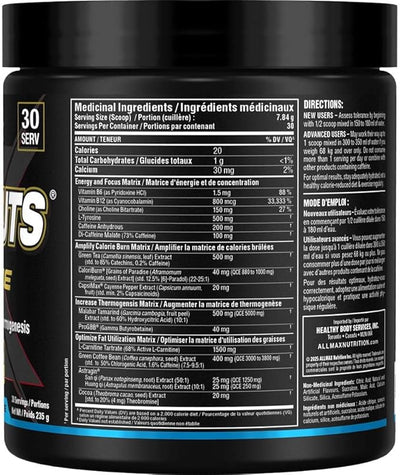 ALLMAX Nutrition Rapidcuts Xtreme Thermogenic Energy & Focus Powder Blue Raspberry Riptide 30 Servings 235g