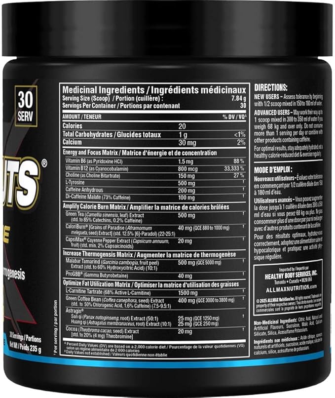 ALLMAX Nutrition Rapidcuts Xtreme Thermogenic Energy & Focus Powder Blue Raspberry Riptide 30 Servings 235g