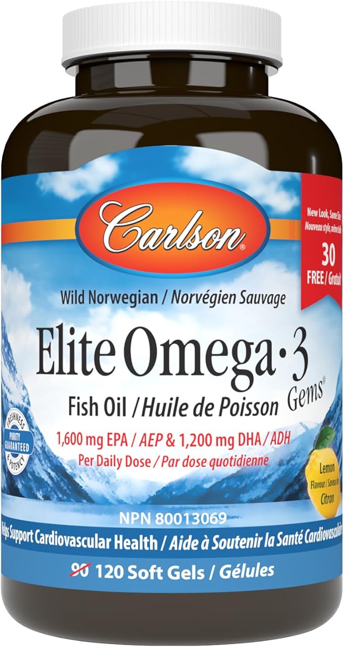 Carlson Elite Omega-3 Gems 3200 mg Omega 3 Fish Oil Capsules Lemon 120 Softgels