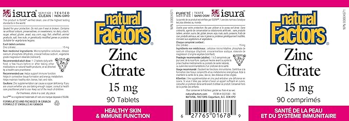 Natural Factors Zinc Citrate 90 Tablets 15 mg