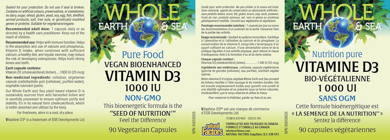 Natural Factors Whole Earth & Sea Vegan Vitamin D3 1000 IU 90 vcaps
