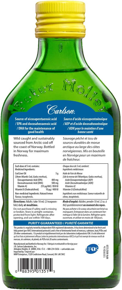 Carlson Norwegian Cod Liver Oil- Lemon Flavour – 500mL