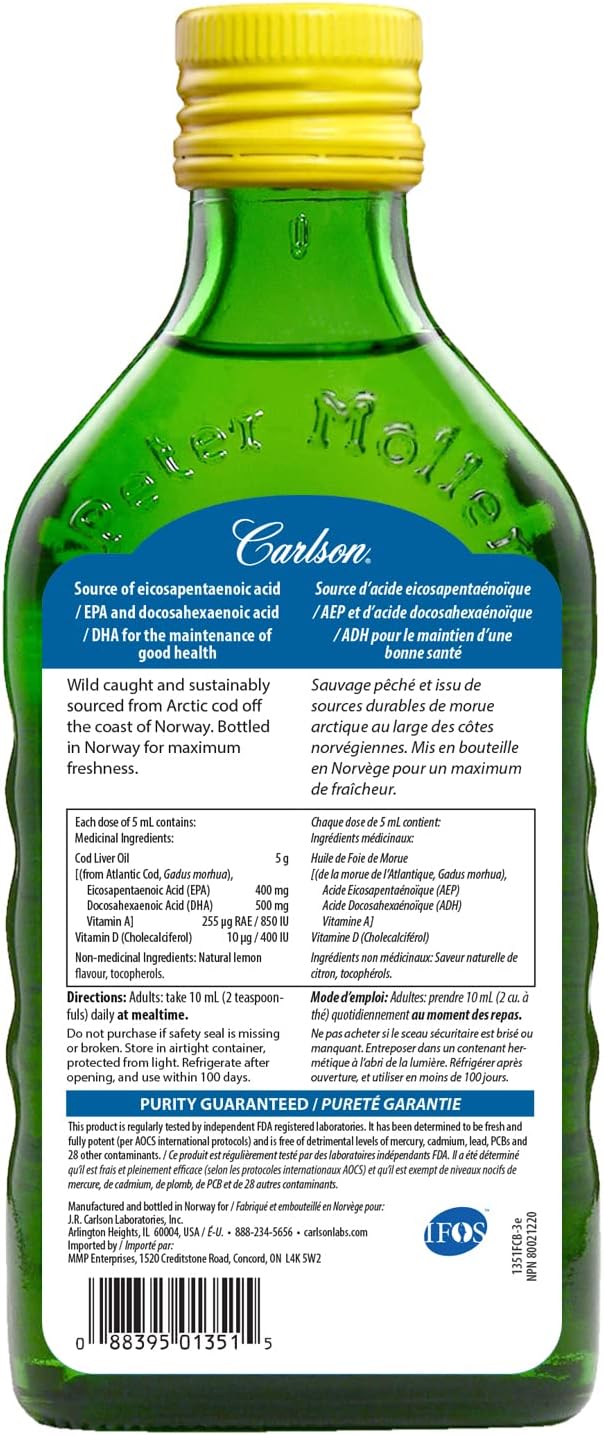 Carlson Norwegian Cod Liver Oil- Lemon Flavour – 500mL